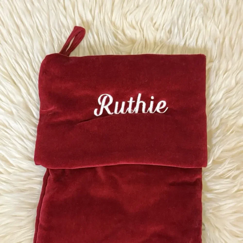 Pottery Barn Kids Red Velvet Christmas Stocking White Embroidered “Ruthie”